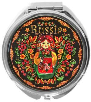 Зеркало металл фольга орнамент 70 мм Матрешка Красный платок зеленый сарафан на черном фоне